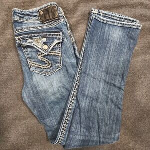 Silver Jeans Suki Flap Jeans‎ Women 27 Blue Distressed Mid Rise Bootcut Denim